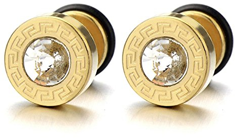 10MM Oro Orecchini da Uomo. Motivo Chiave Greco. Acciaio Inossidabile con 4MM Zirconi. 2 pezzi