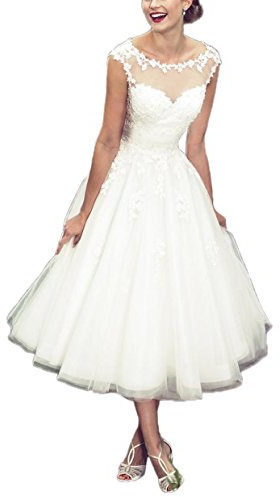 Women's Elegant Sheer Vintage Short Lace Wedding Dress for Bride US 16 Ivory