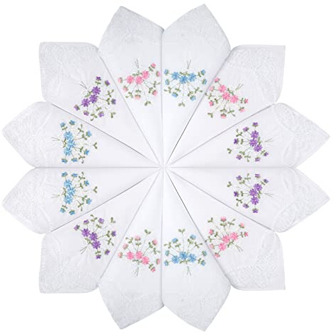 Selected Hanky Damen Taschentücher aus Baumwolle, bestickt mit Spitze, 12 Stück – sortiert