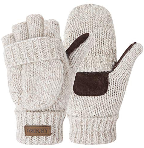 OMECHY Winter Knitted Fingerless Wool Gloves Thermal Insulation Warm Convertible Mittens Flap Cover for Men Women