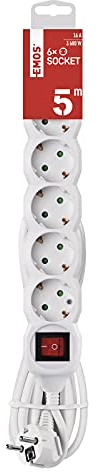 EMOS - 6-fach Steckdosenleiste 5m mit Schalter - 6 Schuko-Steckdosen 45° gedreht - 250 V, 16 A, 3680 W - PVC-Isolierung - H05VV-F3G 1,5 mm2 - erhöhter Berührungsschutz - IP20 für Innen - weiß