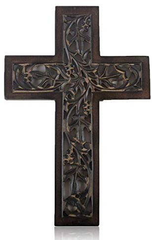 Crucifijo de madera religioso católico para colgar en la pared, 30,5 x 20,3 cm, placa francesa, tallados florales, decoración del hogar, decoración de iglesia, capilla, altar, decoración de pared
