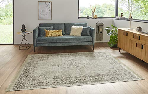 Nouristan Orientalischer Teppich – Wohnzimmerteppich mit Fransen Oriental Vintage Medaillon Naveh Samt-Teppich für Wohnzimmer, Schlafzimmer, Esszimmer, Küche, Flur – Creme, 135x195cm