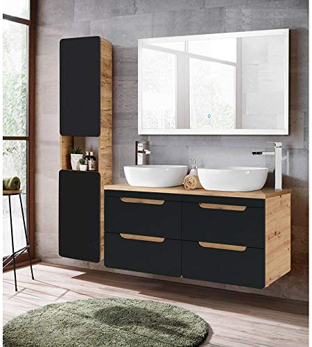 Lomadox Badmöbel Komplett-Set in seidenmatt anthrazit mit Wotan Eiche Nb., 120 cm Waschtisch-Unterschrank mit 2 Keramik-Waschbecken, LED-Spiegel, Hochschrank