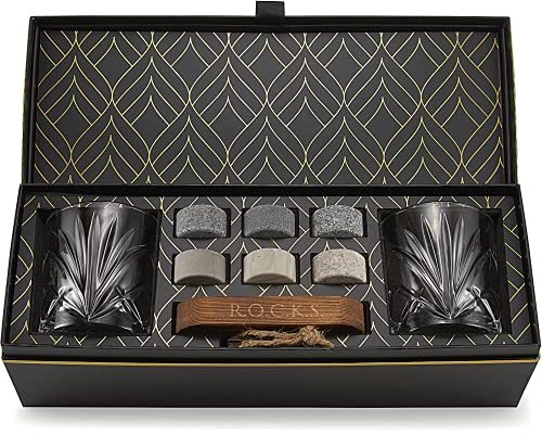Set Whisky con Pietre Whisky Refrigeranti - 6 Cubetti per Whisky in Granito Artigianali -2 Bicchieri Whisky Superior - Vassoio in Legno Duro - Elegante Confezione Regalo Laminata d'Oro