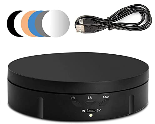 Electric Rotating Turntable for Photography, 90/180/360 Degree Adjustable Motorized Rotating Stand Display Table for Live Video Automatic Revolving Platform Jewelry Watch with 6 Backgrounds (Black)