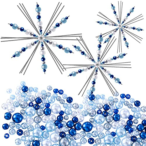 24 Stück Weihnachten Schneeflocken Drähte Formen Metalldraht mit 400 Mischfarben Perlen 3 Größen DIY Party Dekorationen (Blau, Silber, Weiß)