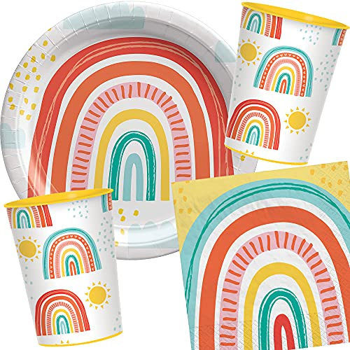 33-tlg. Party-Set * RETRO RAINBOW * mit Teller, Becher, Servietten und Deko für Kindergeburtstag und Mottoparty | Kinder lieben diesen Regenbogen zum Geburtstag und Party