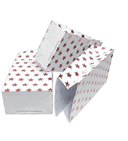Frau WunderVoll® 12 Papiertüten mit Boden,weiß, Rosegold Sterne, 12x7x24cm/Blockbodenbeutel,Tüte,Papierbeutel,Papiertüte, Geschenktüte, Geschenkbeutel,Gastgeschenk,Hochzeit,Mitgebseltüte,Falttasche