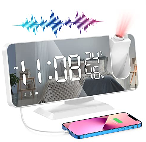 ShinePick Sveglia Digitale, Radio Sveglia da Comodino con Proiettore Rotazione di 180° Doppio Allarme Snooze 6 Luminosità 12/24H Temperatura Umidità, FM Radiosveglia LED Porta USB per Letto, Bianca