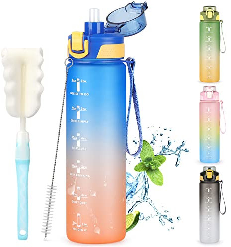 CodiCile Große Trinkflasche 1L, Motivations-Sportwasserflasche BPA-frei, Auslaufsicherer Trinkflasche mit Strohhalm & Bürste,Tragbarer Fitnessstudio-Wasserflasche mit Zeitmarkierung für Damen Herren