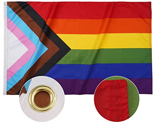 SYII Bandera LGBT del orgullo del progreso de 5 x 8 pies, bandera de la comunidad transgénero gay, lesbiana, bisexual, de colores vivos, pancarta LGBTQ para exteriores con 2 ojales de latón