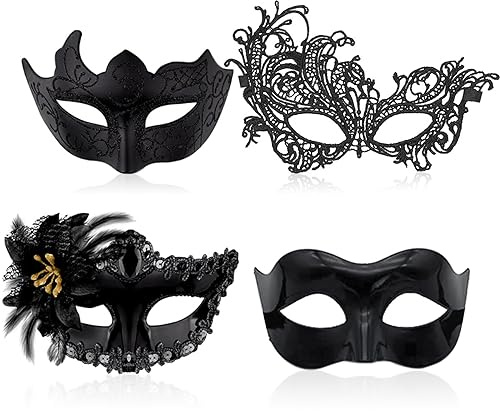RoadLoo Venezianischen Masquerade Maske, 4 Stück Maskerade Masken Party Karneval Mask Damen Herren Venezianische Maske Damen Spitze Mask für Halloween Weihnachten Karneval Party Kostüm