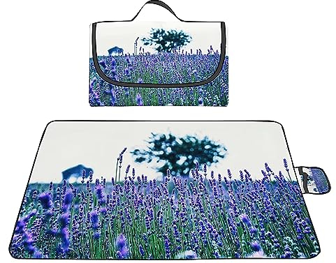 Picknickdecke 200x300cm,XXL Picknickdecke mit Wasserdichter Unterseite,Outdoor Stranddecke Sandfrei,mit Tragegriff Faltbare Picnic Blanket für Camping,Strand,Park,Familie,Konzerte Lavendel Pflanze