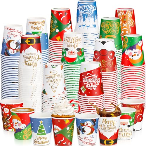 Sliner 120 Stück Einwegbecher für Weihnachten, Party, 266 ml, Pappbecher, Weihnachtsmann, Elfe, Schneemann, Einweg-Heißbecher, Winterurlaub, kalte und heiße Getränke, Tassen für Kaffee, Tee, Saft,
