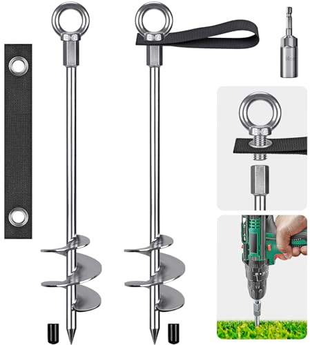 Insaga Tent Peg, 45cm Heavy Duty Ground Anchor Large Metal Earth Stake Spiral Blade Screw in Trampolines Spike for Swing Set/Camping/Shed/Dog/Carport with Fixed Loop Strap, 2 Pack