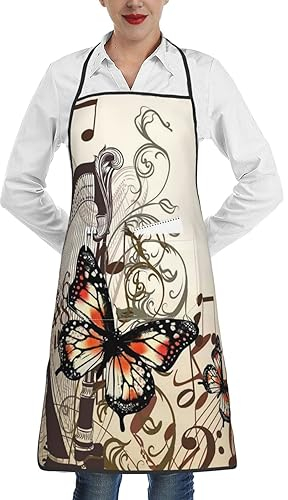 ZaKhs Kochschürze mit Harfe und Schmetterling, wasser- und schmutzabweisend, Unisex, Backschürzen, schönes Lätzchen für Zuhause, Küche, Restaurant, Kaffeehaus, weiß, Einheitsgröße