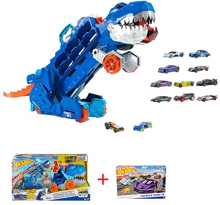 Hot Wheels - Kit Regalo - Mega Dino Trasportatore (HNG50) + Set 10 macchinine (HMK47). Pista trasformabile in T-Rex con luci e suoni, box per auto. Confezione da 10 veicoli in scala 1:64. 3+ anni