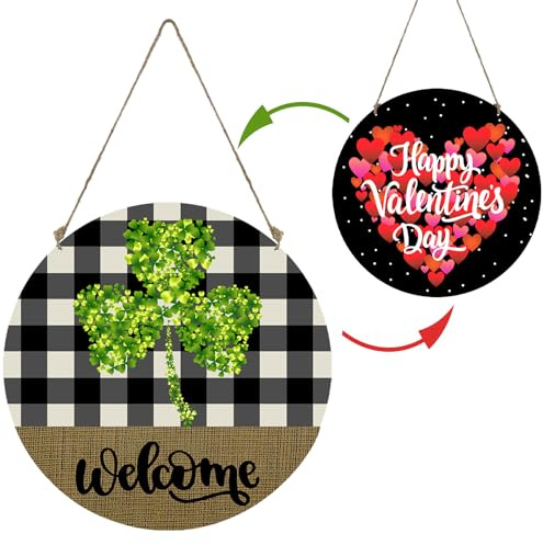 Reversible Valentines Day Door Decorations St Patricks Day Wreath Happy Heart Wreath Shamrock Hanging Sign Wooden Front Door Hanger for Porch Wall Indoor Home Decor