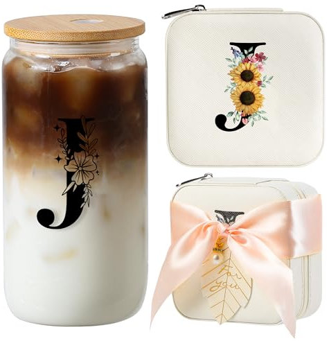 AYGXU Cadeaux de jour galentines, tasse en verre, étui à bijoux de voyage, petite boîte à bijoux, cadeau de fête des mères, initiale J blanche