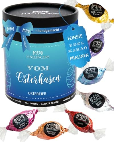 Hallingers Genuss Manufaktur Pralinen-Osterei Oster-Geschenk - ohne Alkohol, handmade aus Edelkakao in wertiger XXL-Geschenkdose Vom Osterhasen, Ostern Körbchen für Frauen Männer