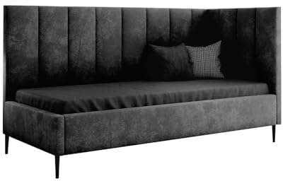 Ares Meble Modernes Kinderbett Inez - Baby Bett - Bett zum Kinderzimmer, Gepolstert, mit Bettzeugfach - Schwarze Holzbeine, Bettrahmen aus Buchenholz, Velour (Schwarz, 90x200 cm)