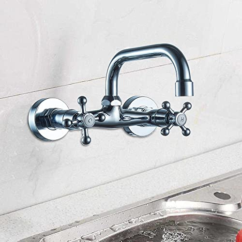 KEESUNG Wandarmatur Wasserhahn Küchenarmatur, Wandmontage Antik Wasserhahn Messing Zweigriffarmatur Drehregler Retro Waschtisch Armatur für Waschbecken Badinstallationen, Silber