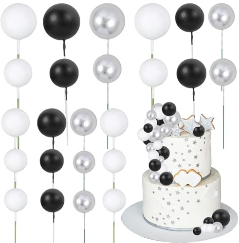 Gyufise 30Pcs Balls Cake Toppers Ball Cake Picks Ball Shaped Cupcake Toppers Foam Balls Cake Topper Mini Balloons Cake Decorations for Wedding Baby Shower Birthday Party Supplies Black White Silver