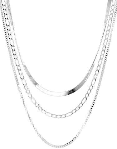 THIORA Halskette Damen Edelstahl Layering Kette Dreireihig Silber