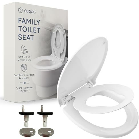 CUQOO Soft Close Toilet Seat - Premium Heavy Duty with Quick Release, Easy Installation with Two Top Fixing Options and Adjustable Hinges, All-in-One Family Comfort Toilet Seat