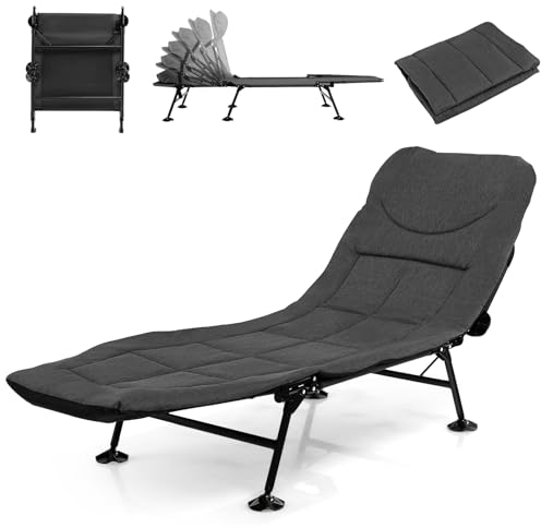 SOARS Karpfenliege klappbar, Angelliege mit 6-Fach Verstellbarer Rückenlehne, Kopfkissen & Matratze, Campingliege 6-Bein mit großen Schlammfüßen bis 200 kg belastbar, 194 x 66 x 29 cm (Grau)