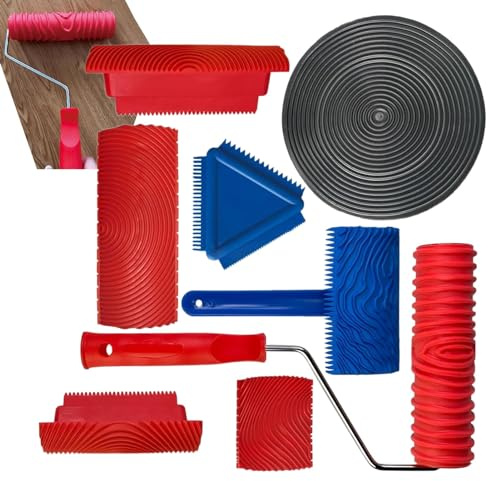 Wood Graining Tool, Wood Graining Paint Tool, Wood Grain Rocker Tool, 8 /Set Rubber Wood Texture Roller with Handle, Graining Tool for Clear Texture, Patterned Paint Rollers for Walls Room Decoratio