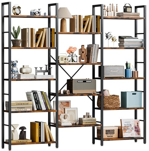 Shintenchi Triple 5 Tier Bookshelf, Industrial Large Bookcase with 14 Open Display Shelves, Large Etagere Bookshelf,Wide Book Shelf Book Case for Home & Office, Brown