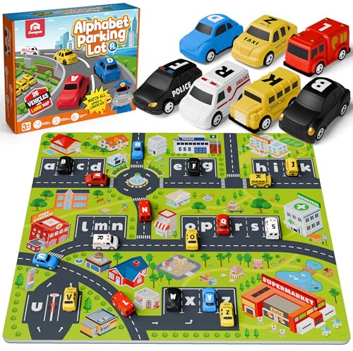 Coogam Alphabet Labyrinth, 26pcs Pull Back Auto mit Spielmatte | Vorschule Brief Matching Spiel für 3 4 5 Jahre alt, pädagogische Feinmotor Geschenk Spielzeug für Kleinkind Kinder