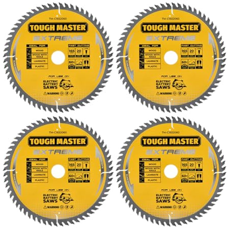 TOUGH MASTER Circular Saw Blade 165mm Professional TCT Mitre Saw Circular Saw Blade 165 x 20 x 60T Ideal for Wood, Wood With Nails, Laminate, Plastic, Fits Bosch Makita Dewalt (Pack of 4)