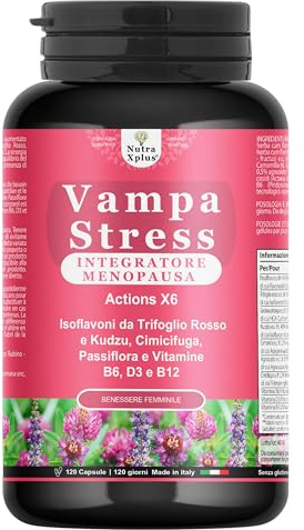 Vampa Stress Menopausa Integratori (120cps 4MESI) con Isoflavoni Trifoglio Rosso forte, Cimicifuga Kudzu, Vitamina D3, B6, B12 controlla Vampate di Calore, Sbalzi d’Umore, Nutra Xplus