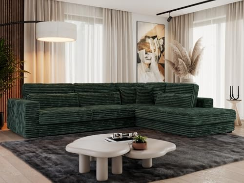 MKS MEBLE Ecksofa Sofa L-Form Grün Cord, Wohnlandschaft L-Form, Couch L Form, Sofagarnitur Couchgarnitur Polsterecke, Breite: 316 cm - Savona L - Grün Cord - Rechts