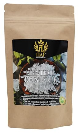 HAF® Cristales de mentol de 50 g en bolsa | Cristales de sauna de aceite de menta 100% puro | Accesorios para sauna | Infusión de sauna | Libera las vías respiratorias y proporciona un aroma intenso