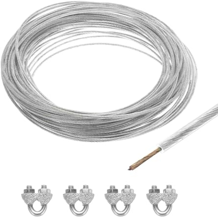 QUARKZMAN Cable de Acero Galvanizado Recubierto de Vinilo Transparente de 2 Mm (1/16 Pulgada), Cable de Acero Galvanizado de 15M / 49 Pies con 4 Bucles M3 para Colgar Luces
