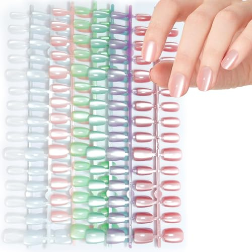 Laza 210pcs Cat Eye Press on Nails 7 Colors Macaroon Short Square Fake Nail | Reusable & Long-Lasting, Artificial Acrylic Fake Stick on Nails, Glossy Macaroon Effect, 15 Sizes Press On Nails