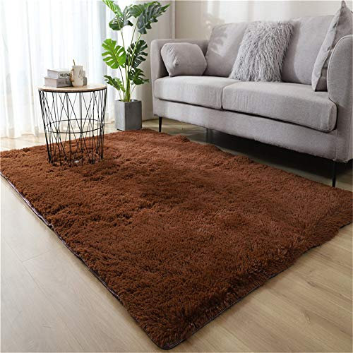Flauschiger Braun Shaggy Teppich für Wohnzimmer Schlafzimmer Kinderzimmer - Weicher Hochflor Lang Bettvorleger - Moderner rutschfester Plüsch Teppich (80 * 160 cm)