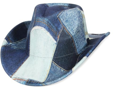 GEMVIE Sombrero Vaquero de Denim Teñido con Estampado Patchwork para Mujer y Hombre Sombrero de Fiesta Western de ala Ancha