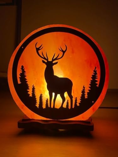 Elkoza Handmade Wood Silhouette Natural Healing IONES Therapeutic 100% Pure Himalayan Pink Crystal Salt Lamp Fine Quality with Dimmer Switch (Deer Safari Lamp, Himalayan 3D Salt Lamp)