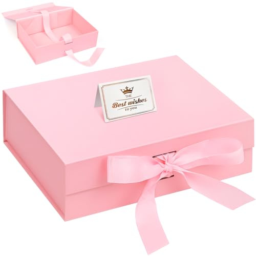 Samlior Geschenkbox 23x17x7cm, Geschenkkarton mit Magnetisch Deckel und Schleife Grußkarten, Geschenkboxen für Geburtstag Hochzeit Jubiläum Weihnachten- Rosa