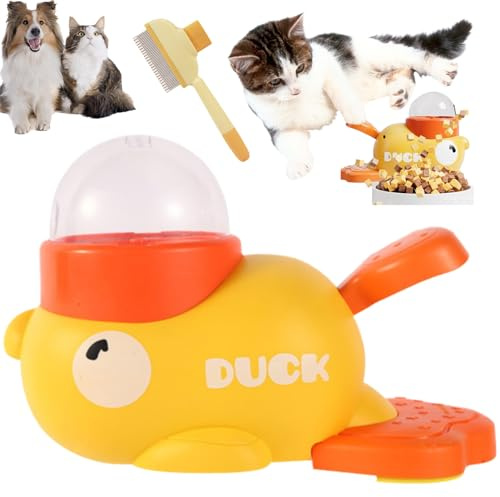 Cat Slot Machine Treat Dispenser, Cat Treat Slot Machine, Interactive Duck Frenchie Toy, Duck-Shaped Interactive Treat Dispenser Toy, Food Puzzle Slow Feeder with Button (Yellow)