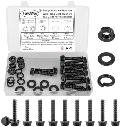 FandWay M10x30mm Sechskantschrauben 10 Stk Flanschschrauben Schwarz mit Flanschmuttern Federringe Unterlegscheiben Sortiment, Außensechskan Vollgewinde,Strukturschrauben Klasse 10.9 Legierter Stahl.