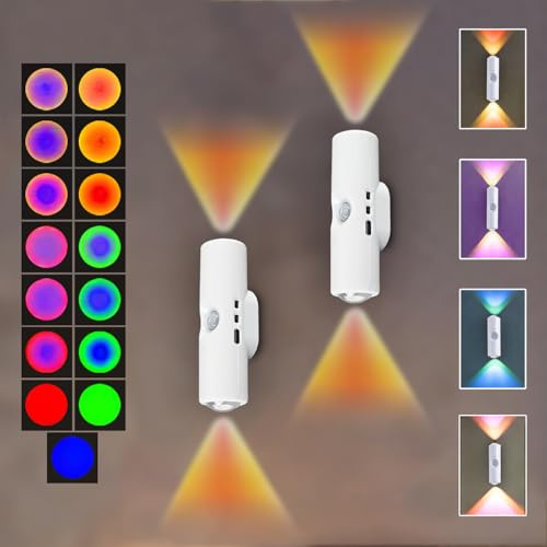 2 Wandleuchte mit Bewegungsmelder Innen Kabellose Wandlampe mit Wiederaufladbare Akku Colorful Gradient Magnetische Nachtlampe Auto ON/OFF Bewegungsmelder Licht für Flur Treppen Küche Bad Kinderzimmer