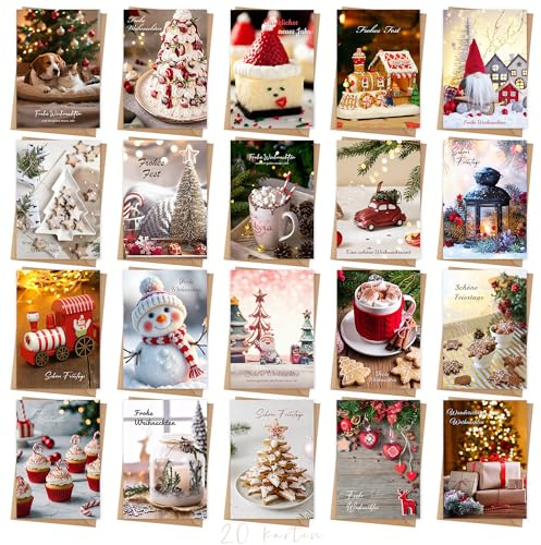 20 Weihnachtskarten mit Umschlag Set - 12x17cm Klappkarten Set mit Sprüche | Merry Christmas Cards mit Weihnachtsatmosphäre Echte Szenenmuster - Blanko Seiten zum Schreiben und Drucken