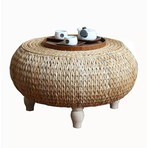 Mesa auxiliar redonda de ratán tejida a mano, mesa auxiliar superior de hierba marina natural para sala de estar, mesa de té rústica rústica con base de mimbre