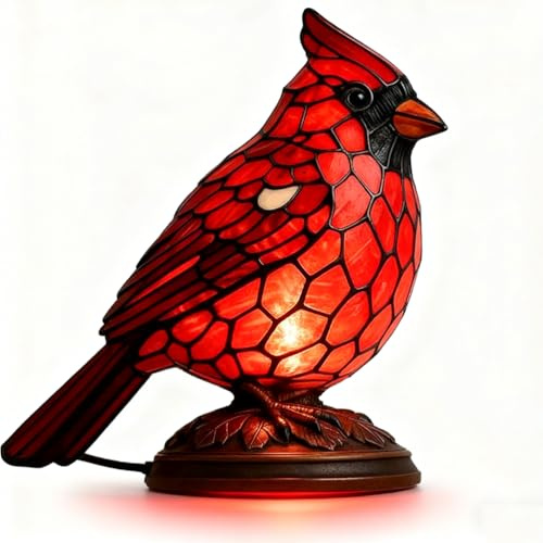 Vogel Tischleuchte LED Vintage Tiffany Tischlampe mit Kabel und usb Stecker Kunstharz Kleine Lampe Warmes Licht 3000K Deko Nachtlampe Retro Tiere Nachttischlampe für Schlafzimmer Wohnzimmer Rot